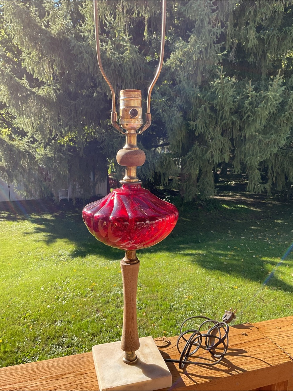Red Glass Table Lamp with Wood Finial